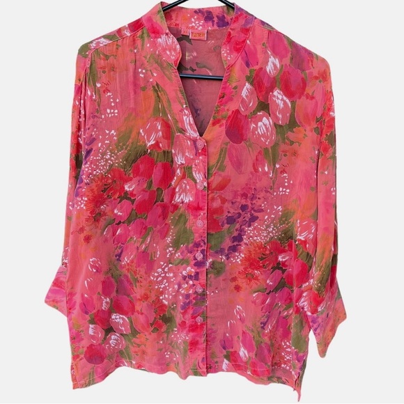 Tianello Taipei 100% Rayon Mandarin Collar Button Down Blouse Pink & Red Sz XS - Picture 1 of 11